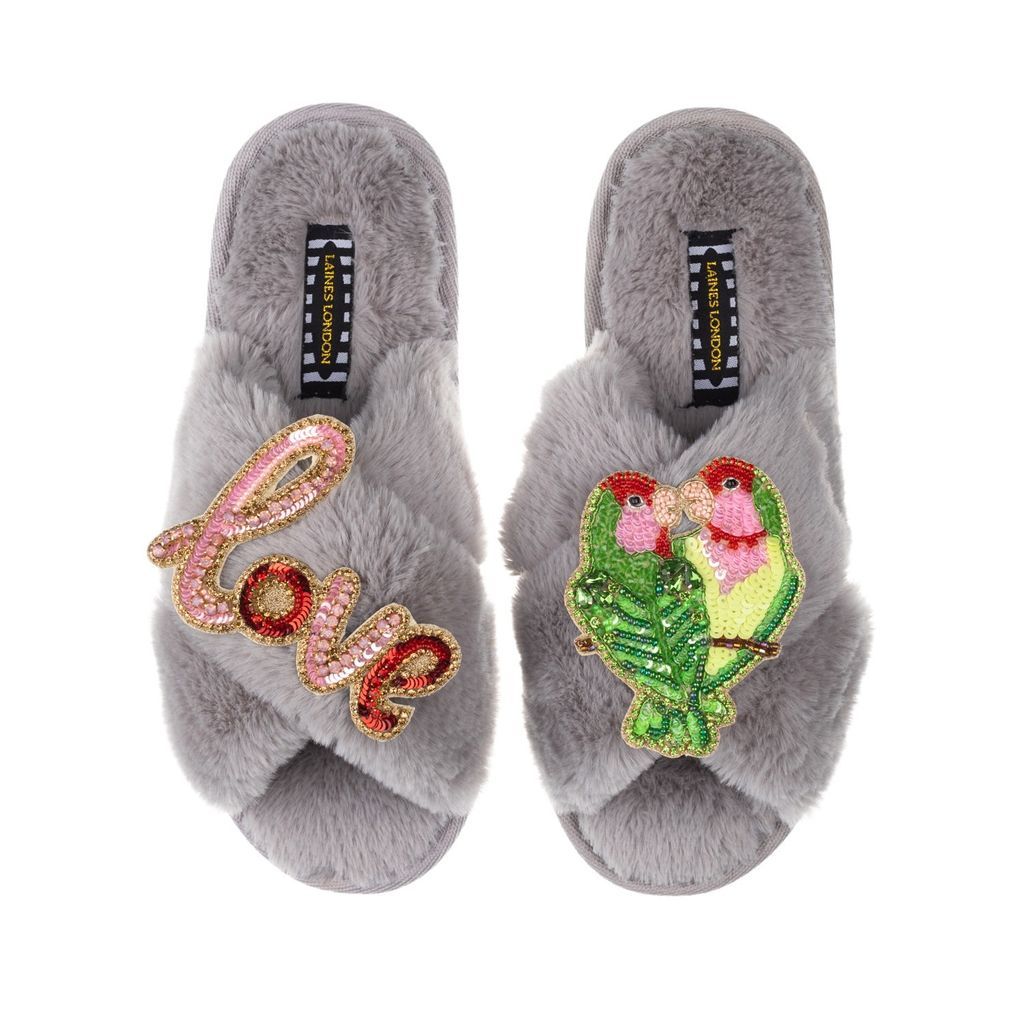 Women's Classic Laines Slippers With Artisan Love & Love Birds Brooch - Grey Small LAINES LONDON