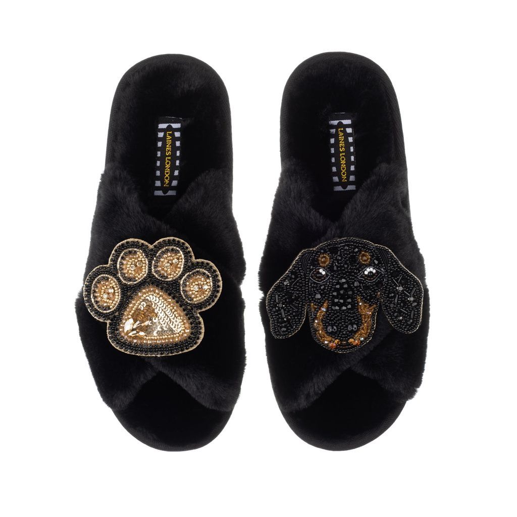 Women's Classic Laines Slippers With Artisan Little Sausage & Paw Brooches - Black Small LAINES LONDON
