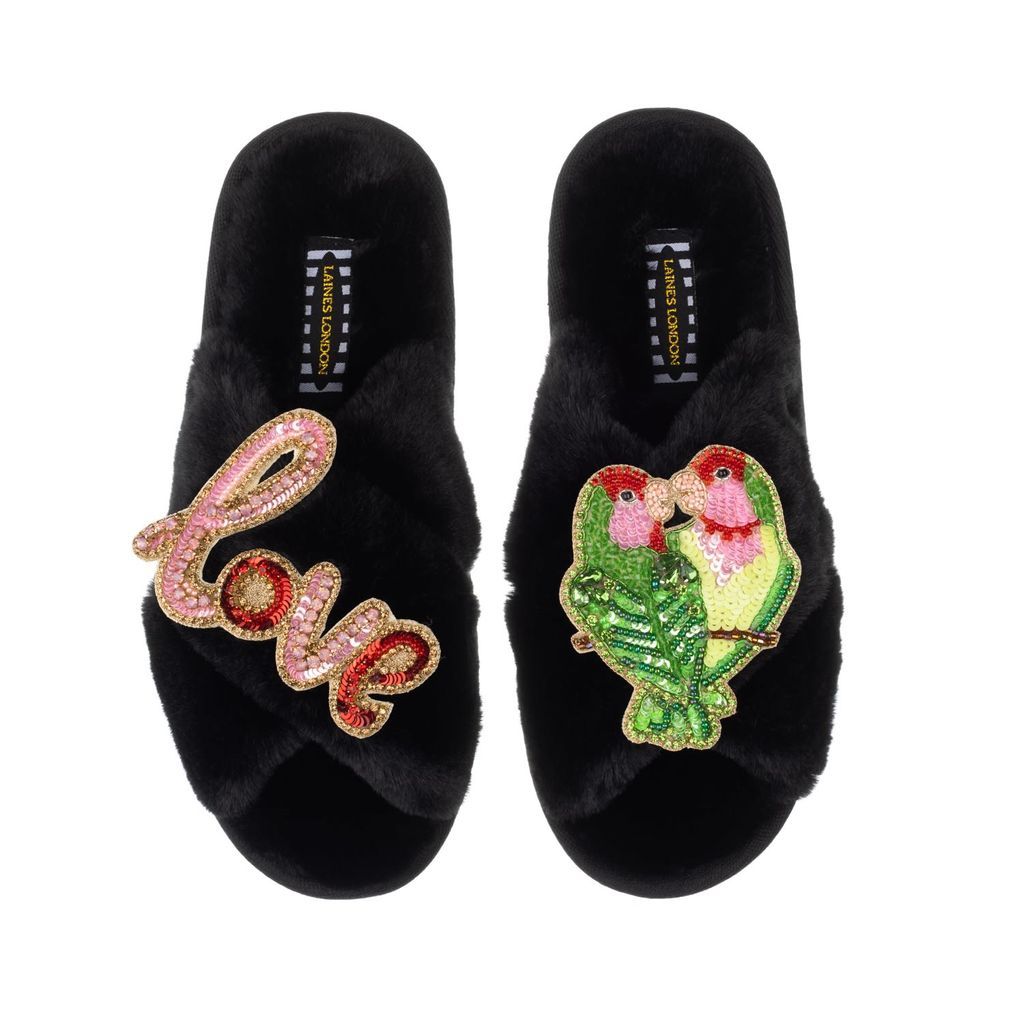 Women's Classic Laines Slippers With Artisan Love & Love Birds Brooch - Black Small LAINES LONDON