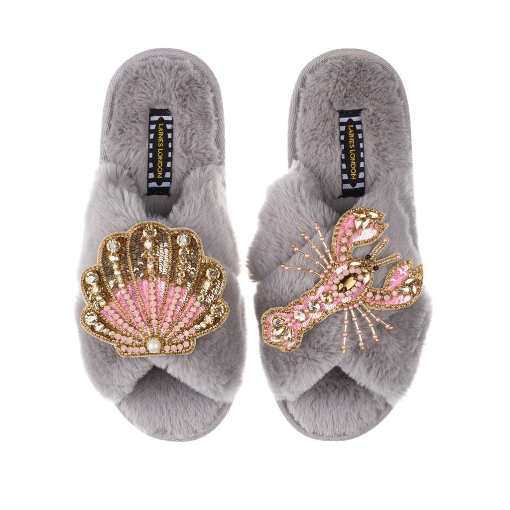 Women's Classic Laines Slippers With Artisan Pink Lobster & Pink & Gold Shell - Grey Small LAINES LONDON