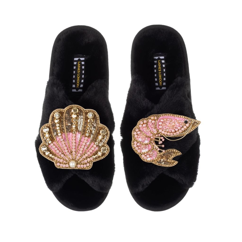 Women's Classic Laines Slippers With Artisan Pink Prawn & Pink & Gold Shell - Black Small LAINES LONDON