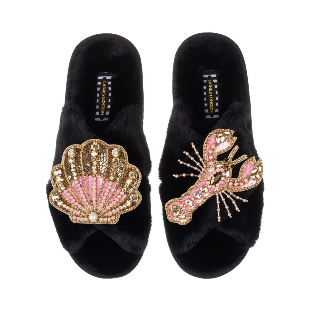 Women's Classic Laines Slippers With Artisan Pink Lobster & Pink & Gold Shell - Black Small LAINES LONDON
