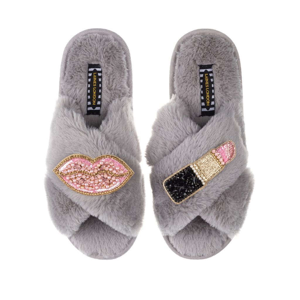 Women's Classic Laines Slippers With Artisan Pink Pucker Up Brooches - Grey Small LAINES LONDON