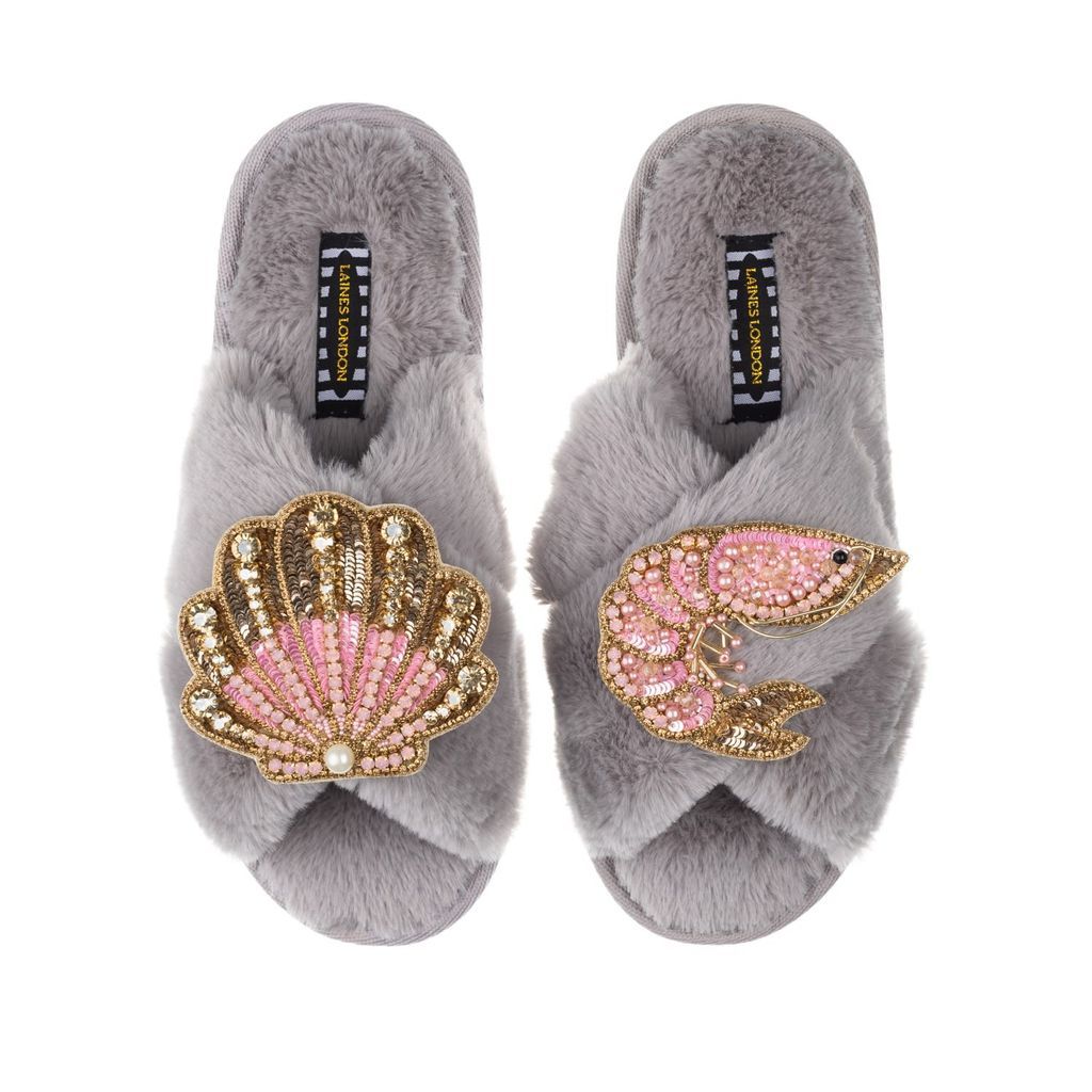 Women's Classic Laines Slippers With Artisan Pink Prawn & Pink & Gold Shell - Grey Small LAINES LONDON