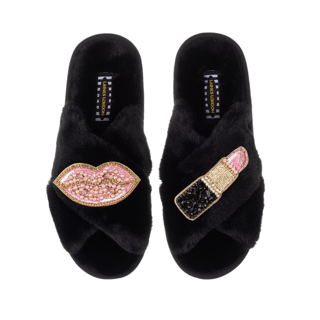 Women's Classic Laines Slippers With Artisan Pink Pucker Up Brooches - Black Small LAINES LONDON