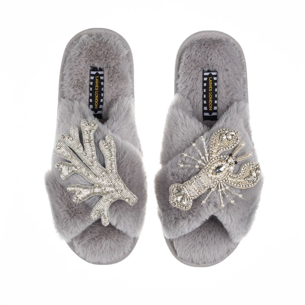 Women's Classic Laines Slippers With Artisan Silver Coral & Lobster Brooches - Grey Small LAINES LONDON