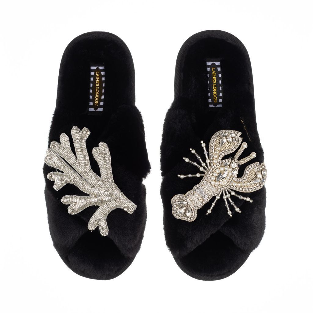 Women's Classic Laines Slippers With Artisan Silver Coral & Lobster Brooches - Black Small LAINES LONDON