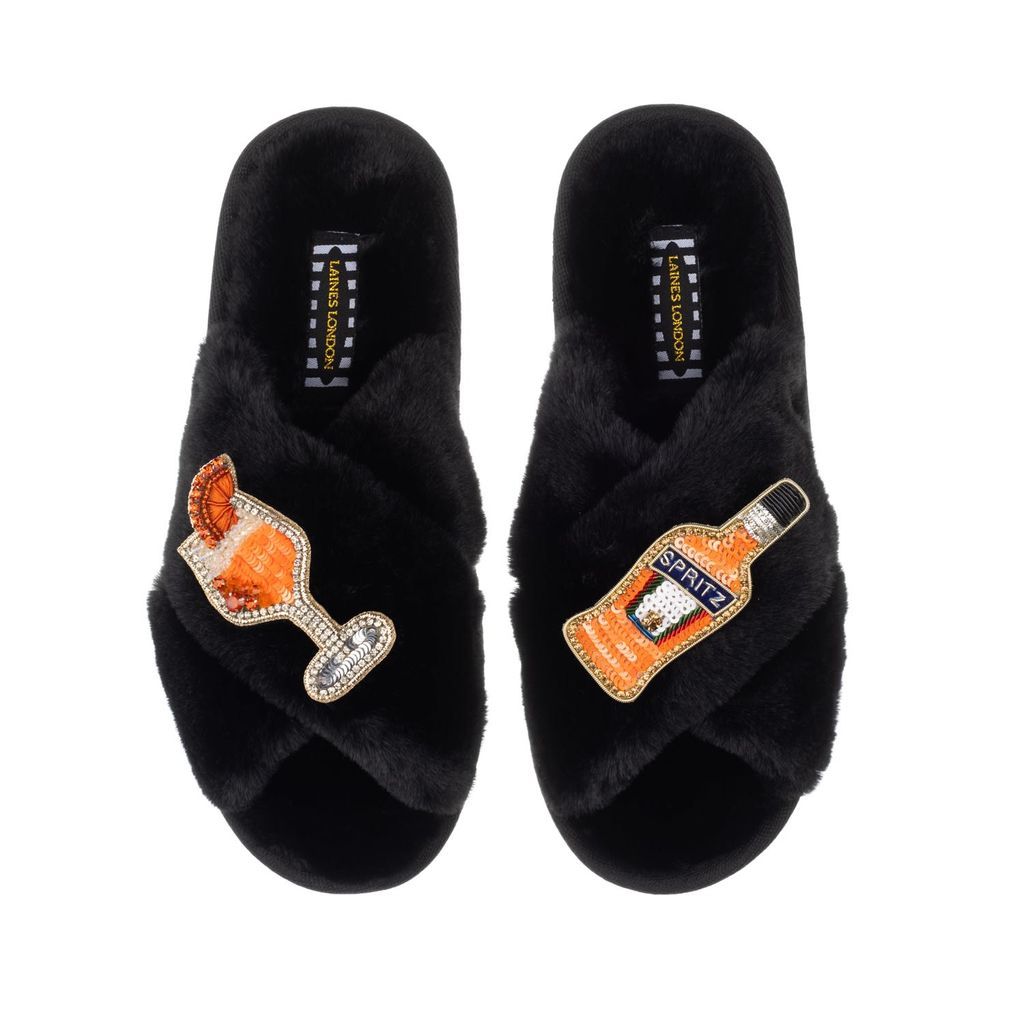 Women's Classic Laines Slippers With Artisan Summer Spritz Brooches - Black Small LAINES LONDON