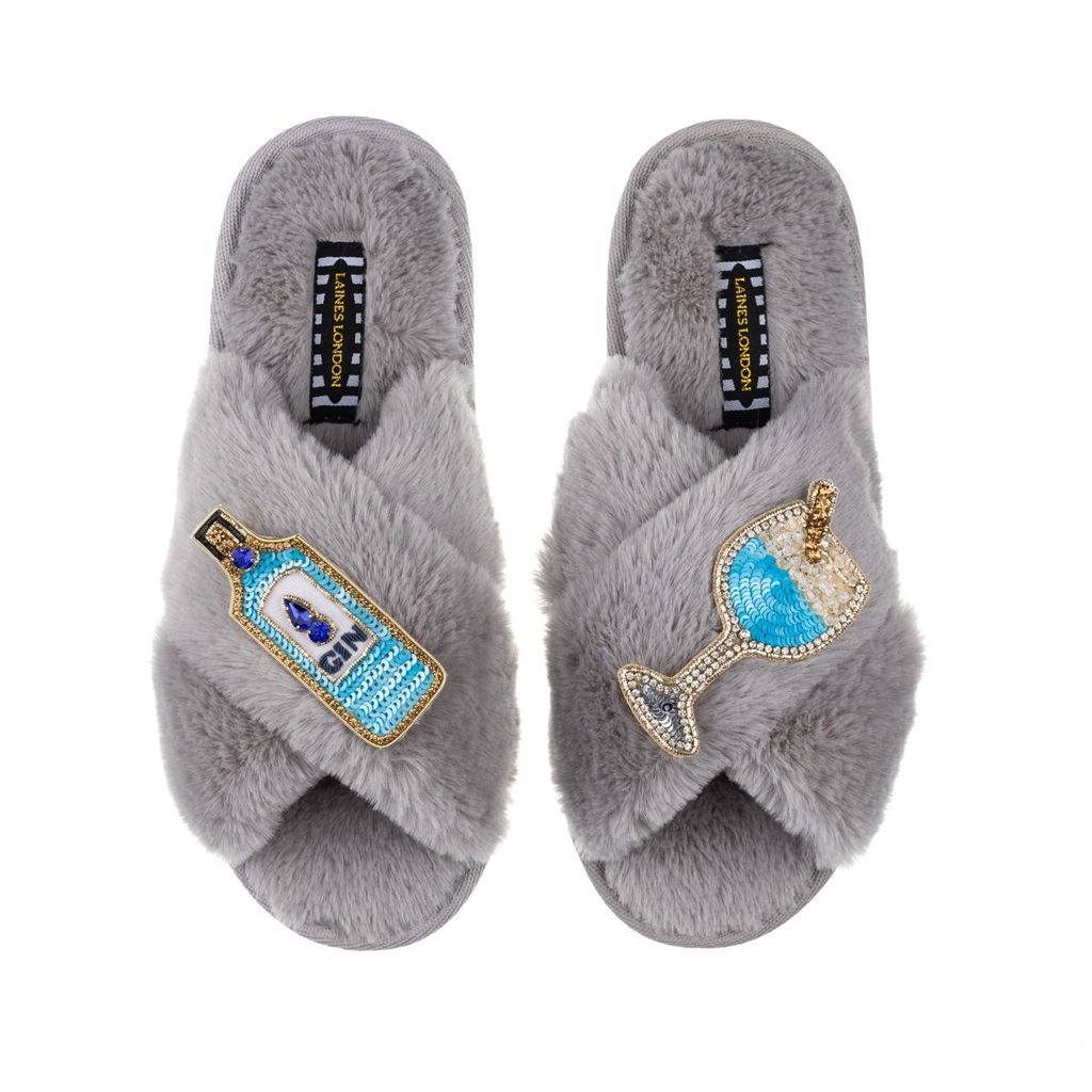Women's Classic Laines Slippers With Blue Sapphire Gin Brooches - Grey Small LAINES LONDON