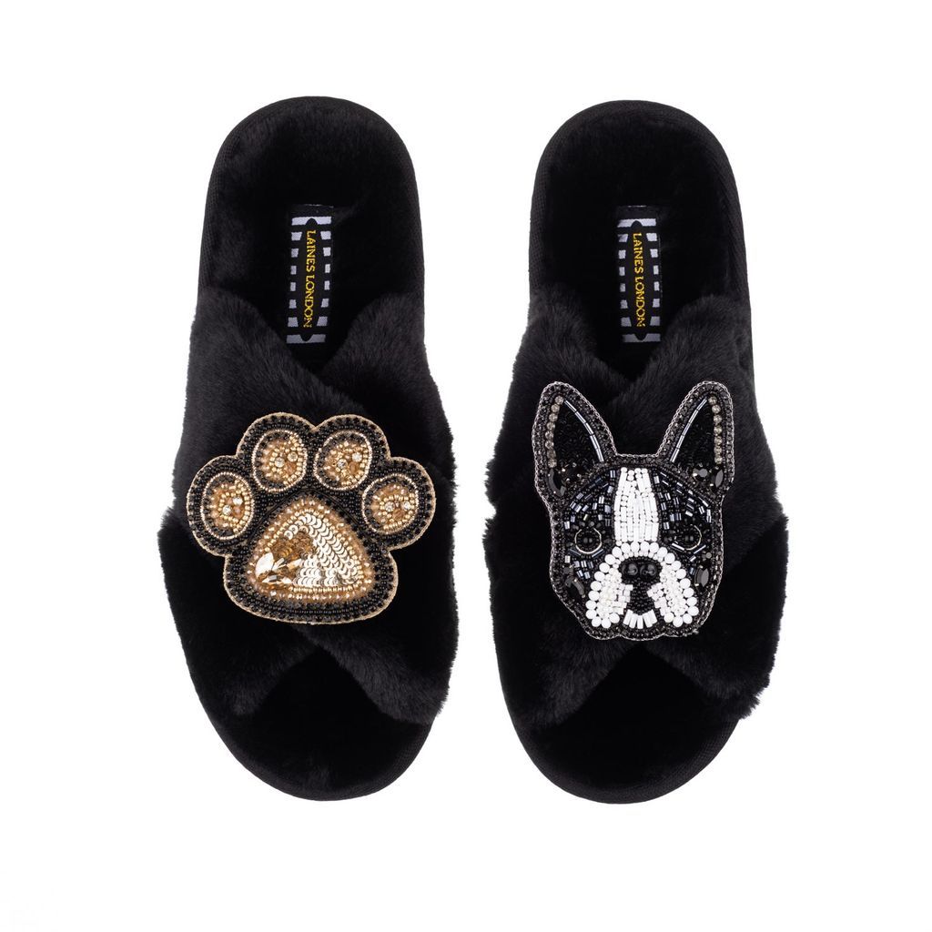 Women's Classic Laines Slippers With Buddy Boston Terrier & Paw Brooches - Black Small LAINES LONDON