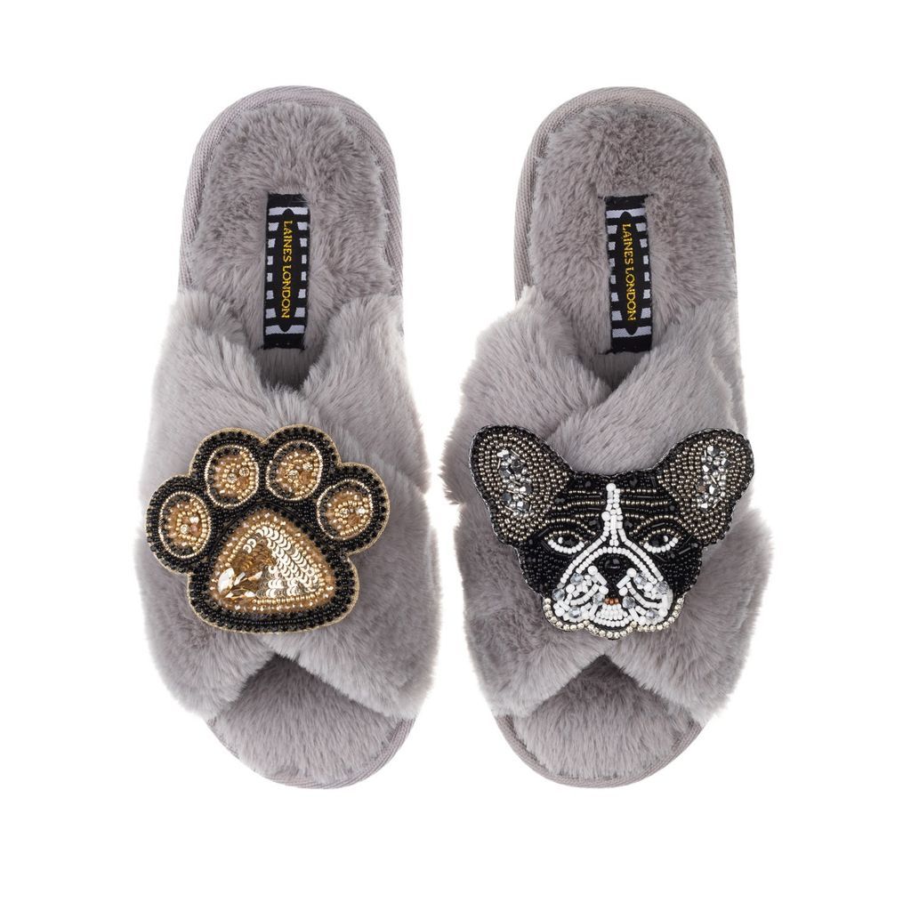 Women's Classic Laines Slippers With Coco & Paw Brooches - Grey Small LAINES LONDON