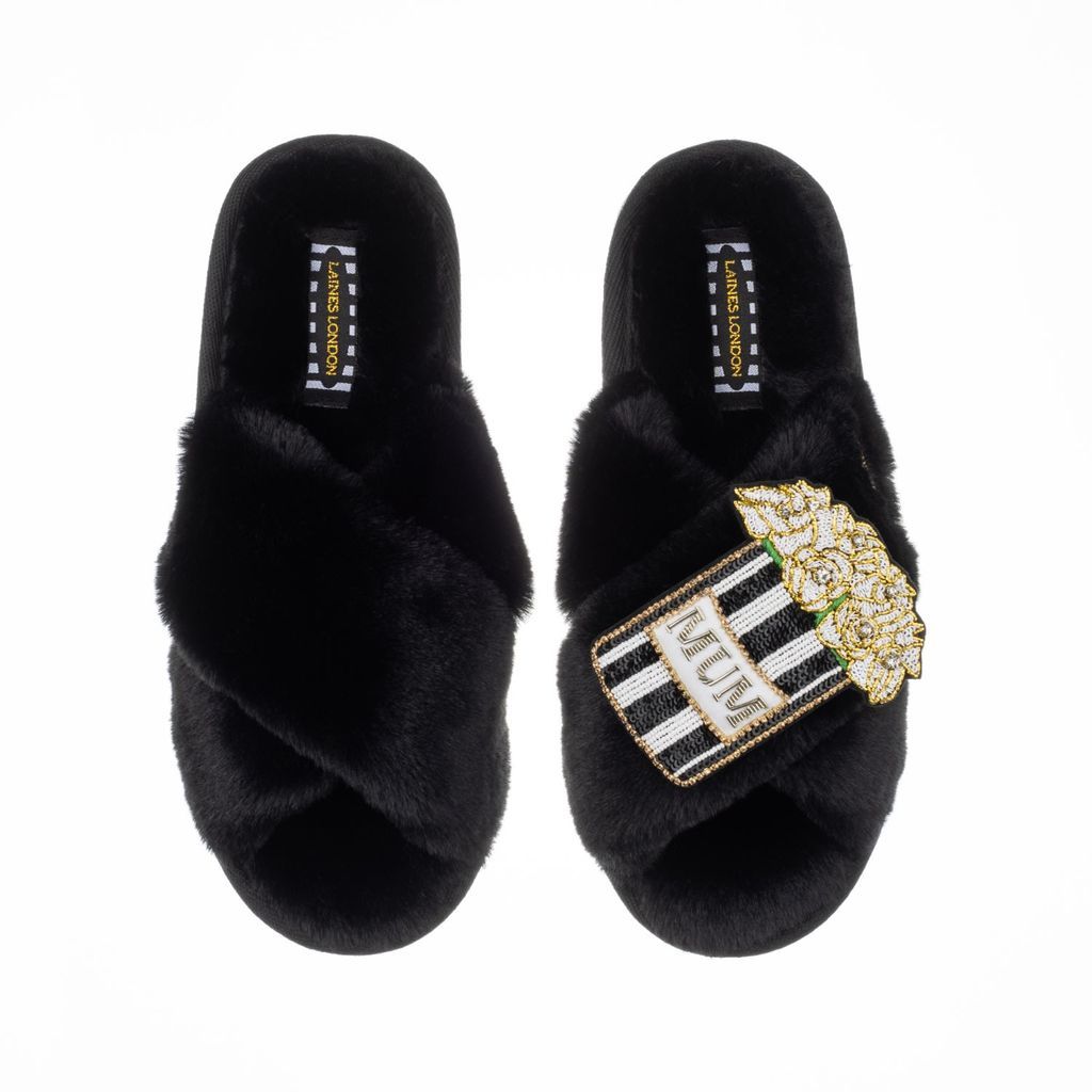 Women's Classic Laines Slippers With Deluxe Artisan Mum Bouquet Brooch - Black Small LAINES LONDON