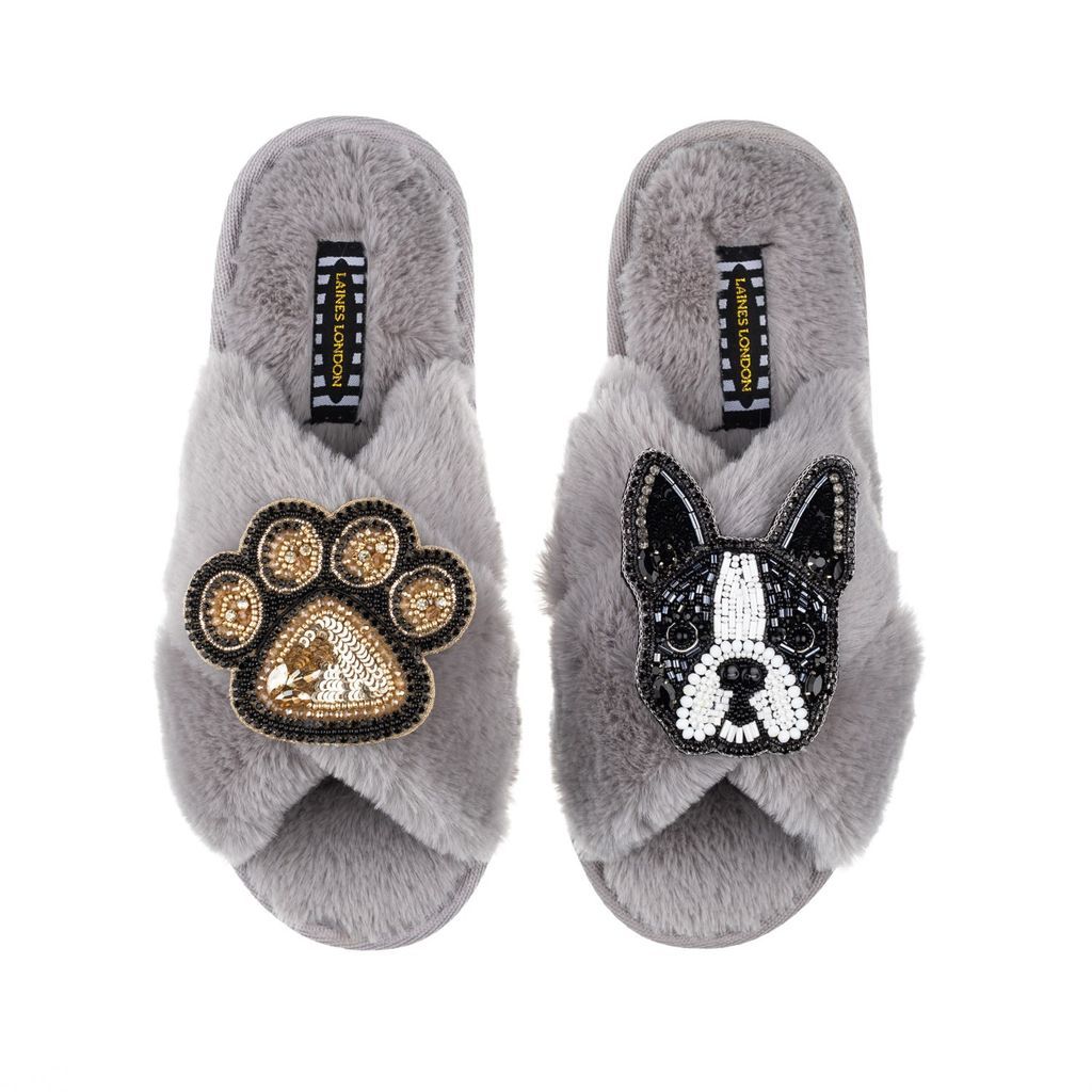 Women's Classic Laines Slippers With Buddy Boston Terrier & Paw Brooches - Grey Small LAINES LONDON