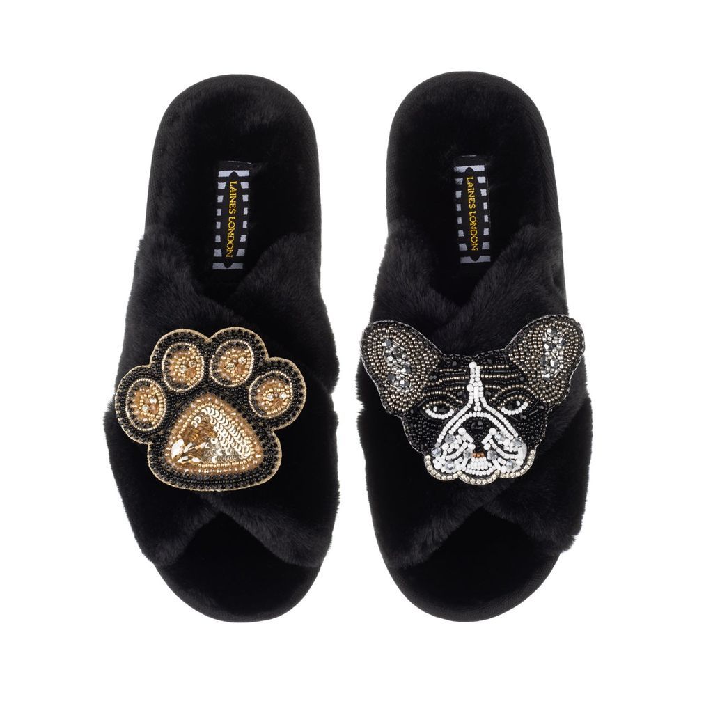 Women's Classic Laines Slippers With Coco & Paw Brooches - Black Small LAINES LONDON
