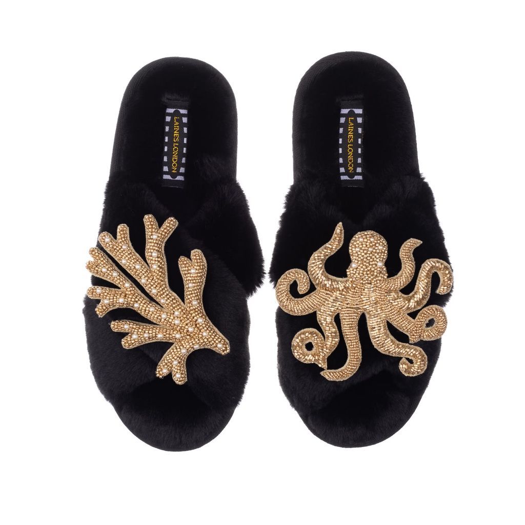 Women's Classic Laines Slippers With Double Artisan Gold Coral & Octopus - Black Small LAINES LONDON