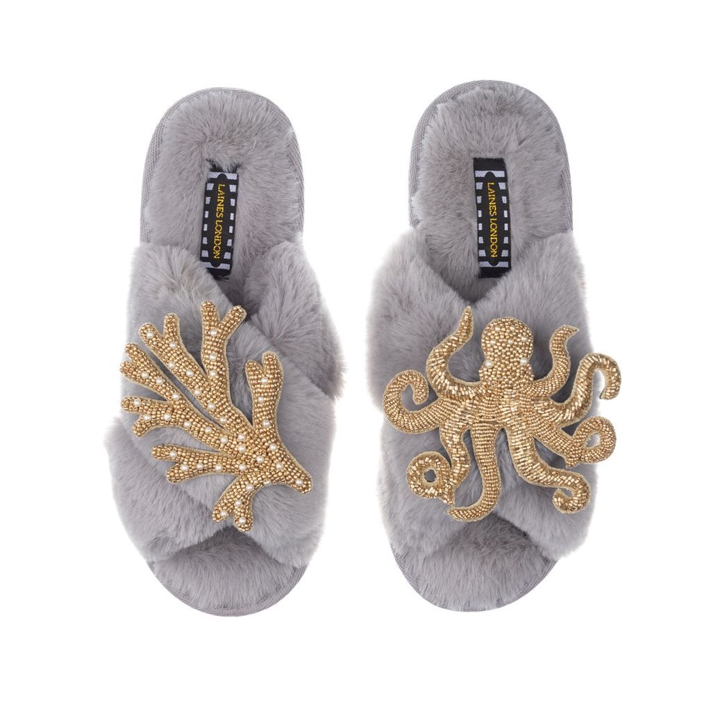 Women's Classic Laines Slippers With Double Artisan Gold Coral & Octopus - Grey Small LAINES LONDON