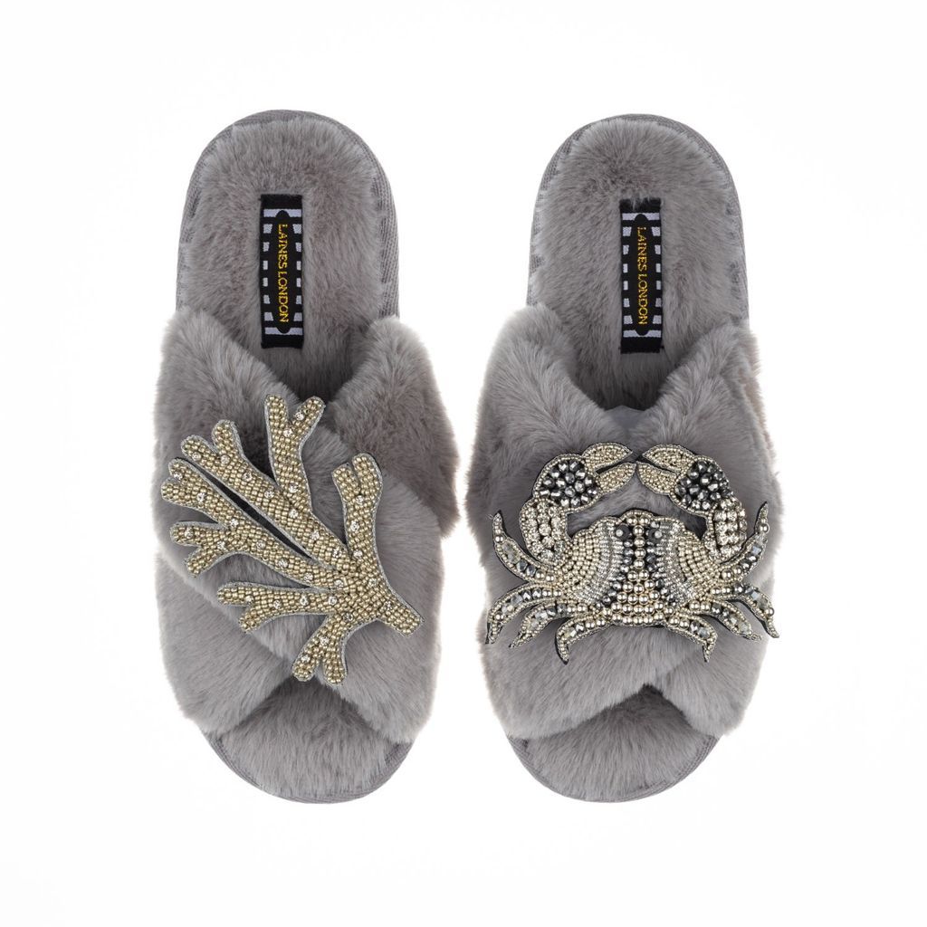 Women's Classic Laines Slippers With Double Artisan Silver Coral & Crab - Grey Small LAINES LONDON