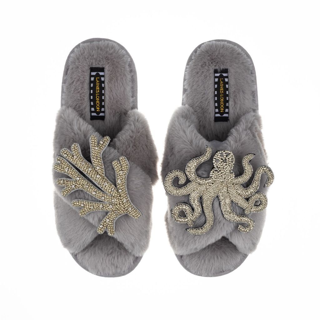 Women's Classic Laines Slippers With Double Artisan Silver Coral & Octopus - Grey Small LAINES LONDON