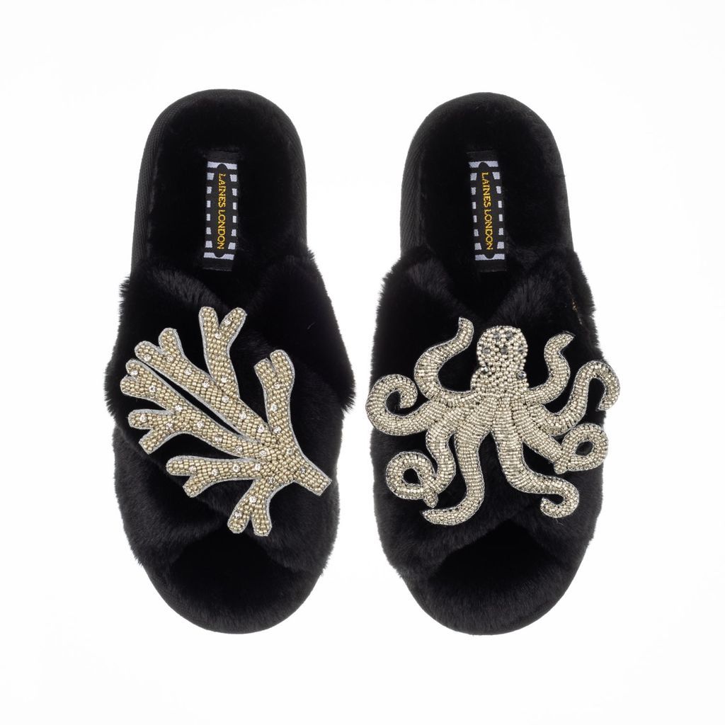 Women's Classic Laines Slippers With Double Artisan Silver Coral & Octopus - Black Small LAINES LONDON