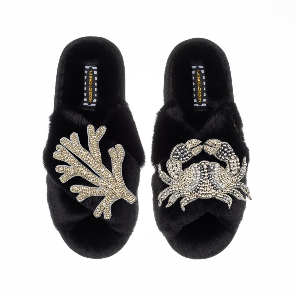 Women's Classic Laines Slippers With Double Artisan Silver Coral & Crab - Black Small LAINES LONDON