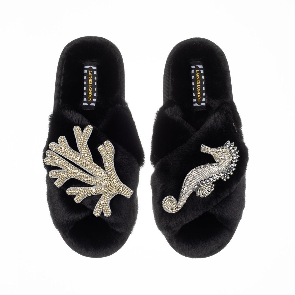 Women's Classic Laines Slippers With Double Artisan Silver Coral & Seahorse - Black Small LAINES LONDON