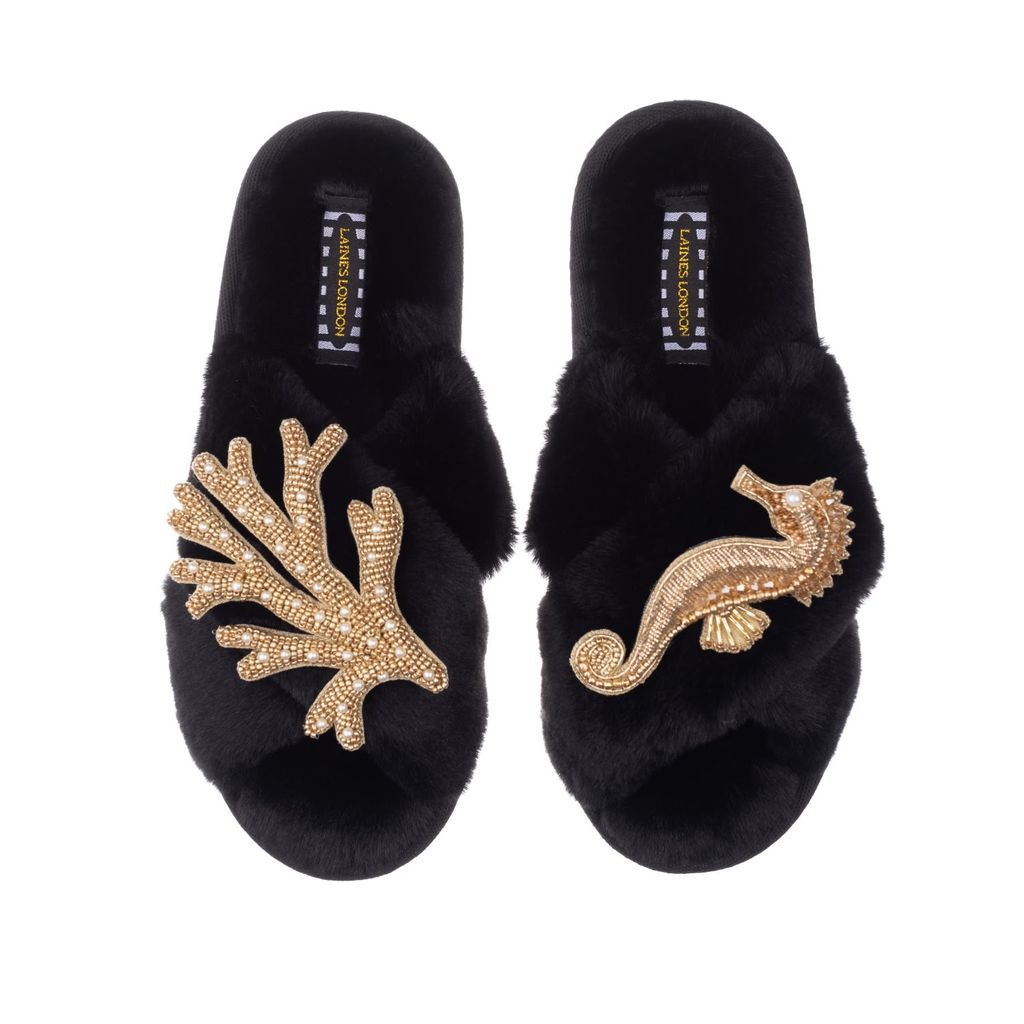 Women's Classic Laines Slippers With Double Artisan Gold Coral & Seahorse - Black Small LAINES LONDON