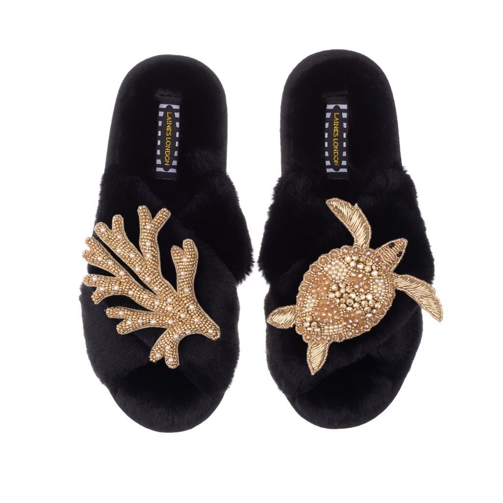 Women's Classic Laines Slippers With Double Artisan Gold Coral & Turtle - Black Small LAINES LONDON
