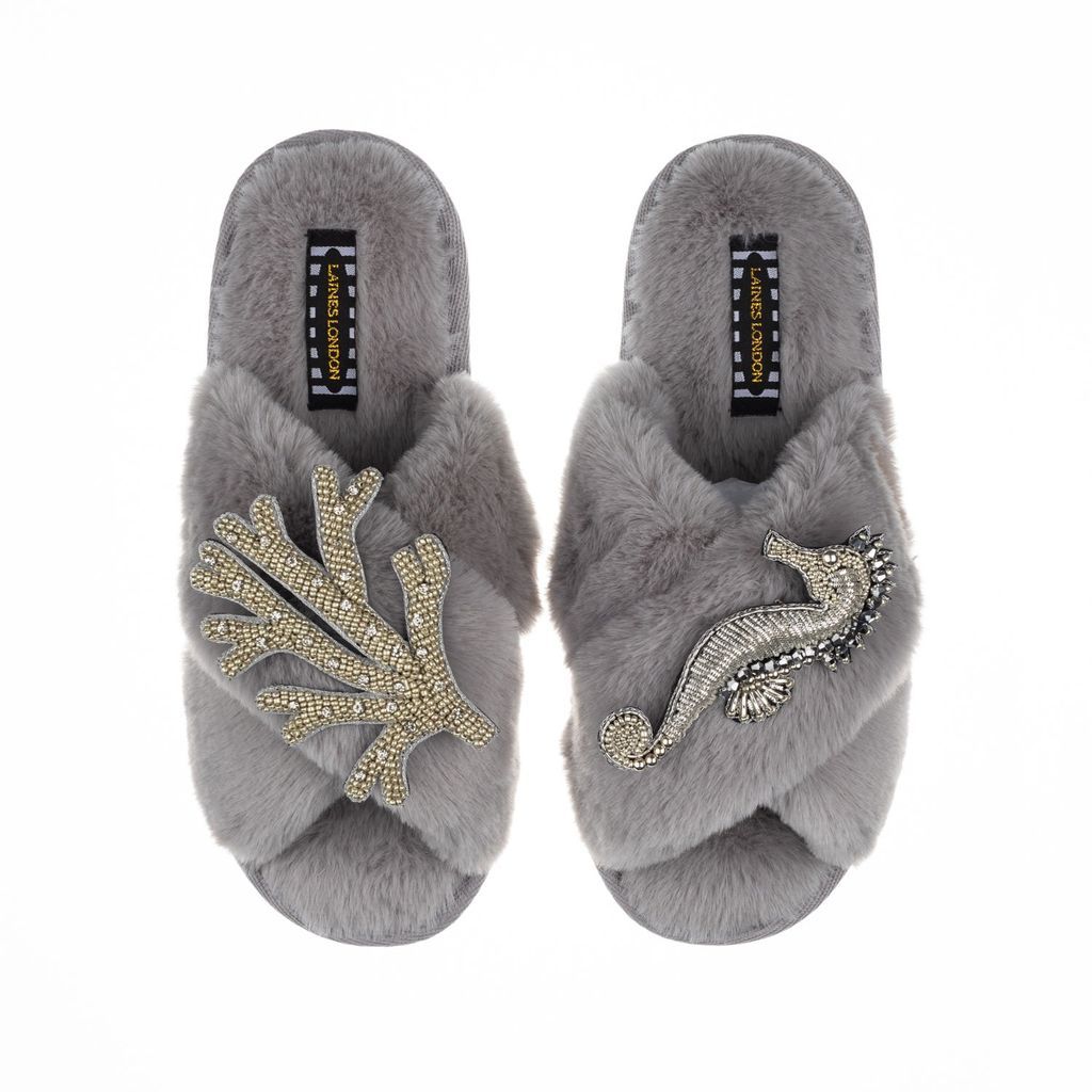 Women's Classic Laines Slippers With Double Artisan Silver Coral & Seahorse - Grey Small LAINES LONDON