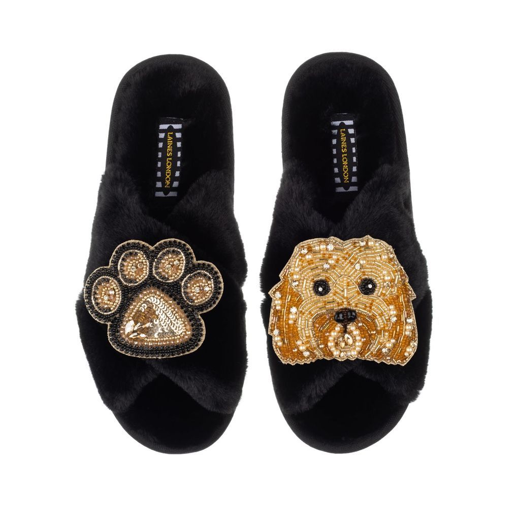 Women's Classic Laines Slippers With Enki Doo & Paw Brooches - Black Small LAINES LONDON