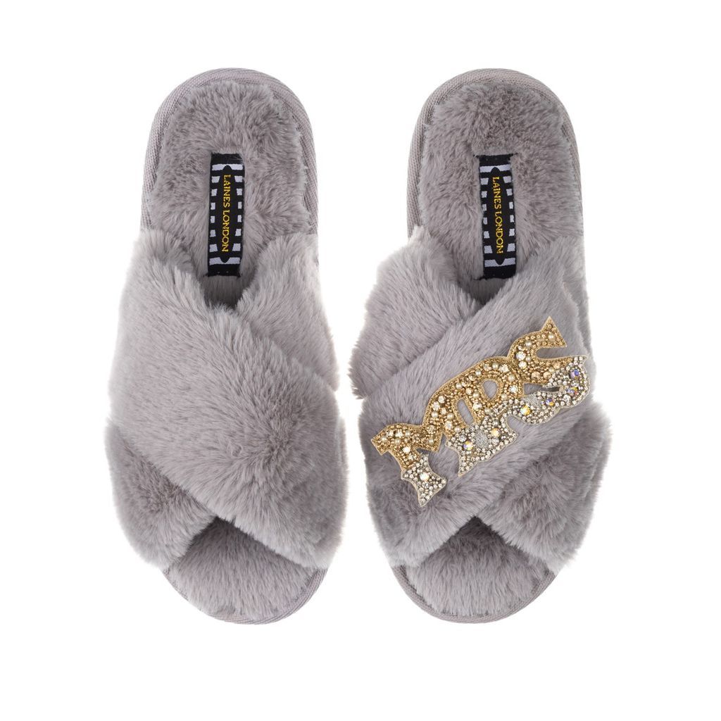 Women's Classic Laines Slippers With Gold & Silver Mrs Brooch - Grey Small LAINES LONDON