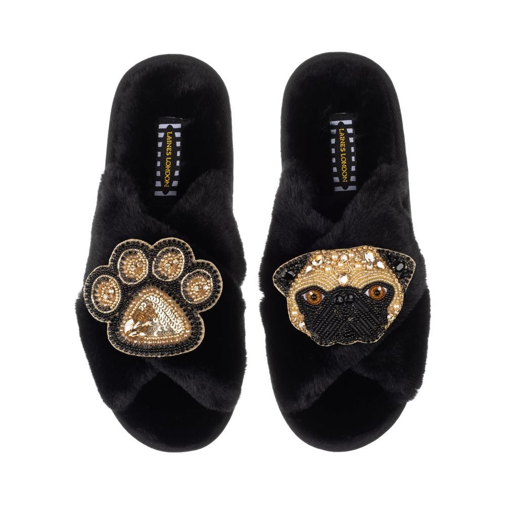 Women's Classic Laines Slippers With Franki Pug & Paw Brooches - Black Small LAINES LONDON