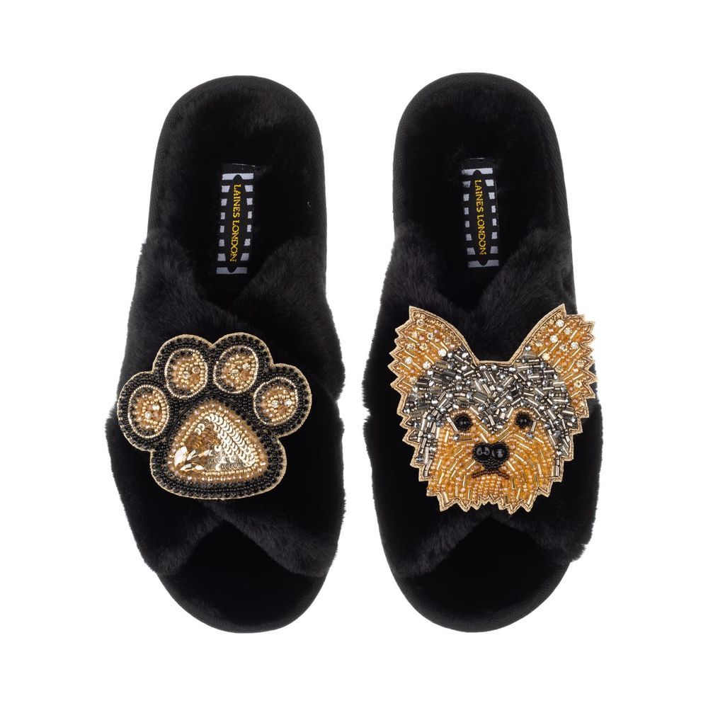 Women's Classic Laines Slippers With Minnie Yorkie & Paw Brooches - Black Small LAINES LONDON