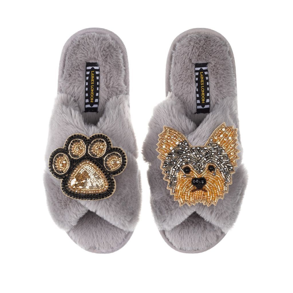 Women's Classic Laines Slippers With Minnie Yorkie & Paw Brooches - Grey Small LAINES LONDON