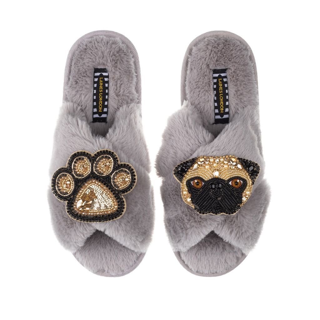 Women's Classic Laines Slippers With Franki Pug & Paw Brooches - Grey Small LAINES LONDON