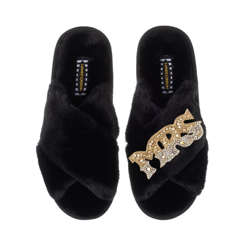 Women's Classic Laines Slippers With Gold & Silver Mrs Brooch - Black Small LAINES LONDON