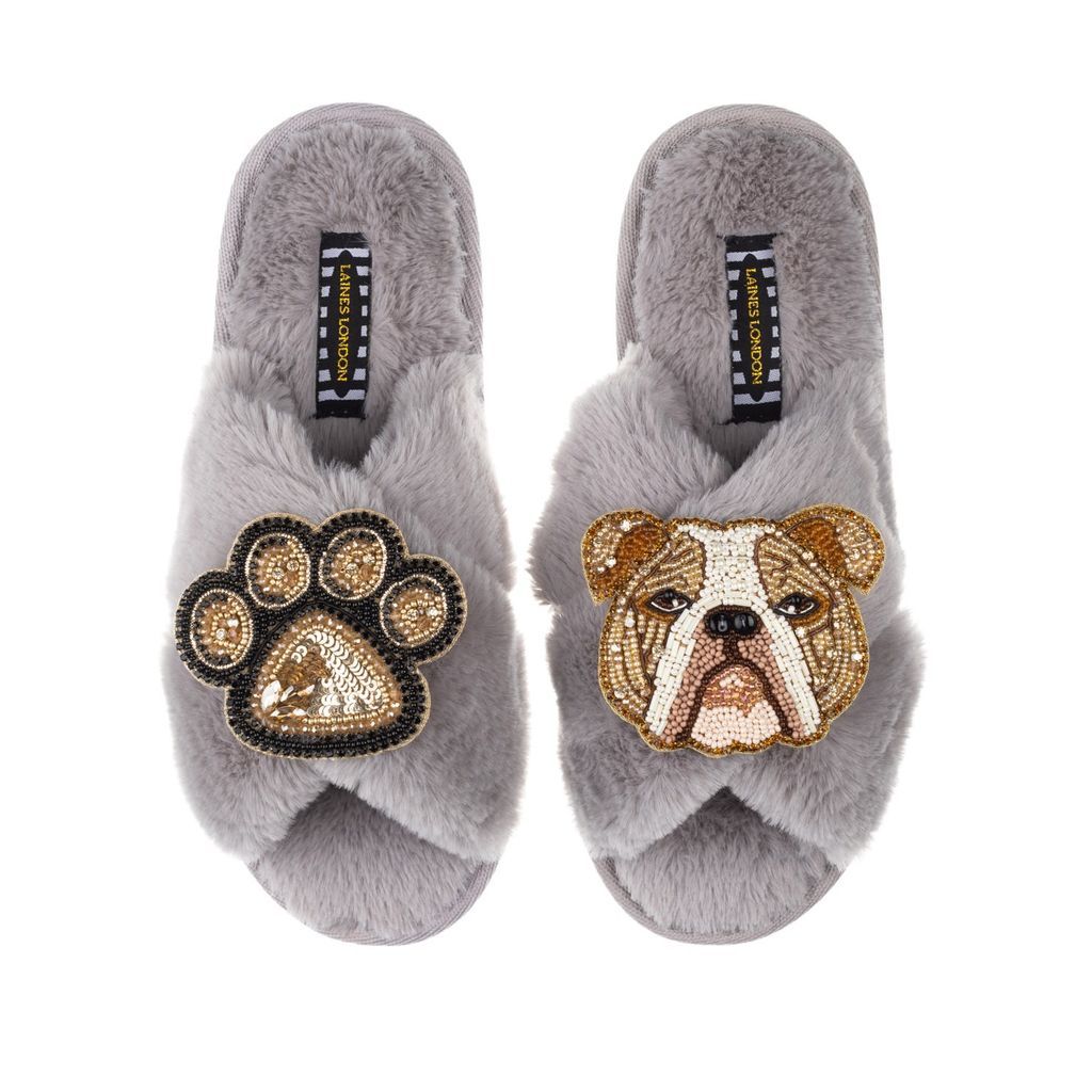 Women's Classic Laines Slippers With Mr Beefy Bulldog & Paw Brooches - Grey Small LAINES LONDON
