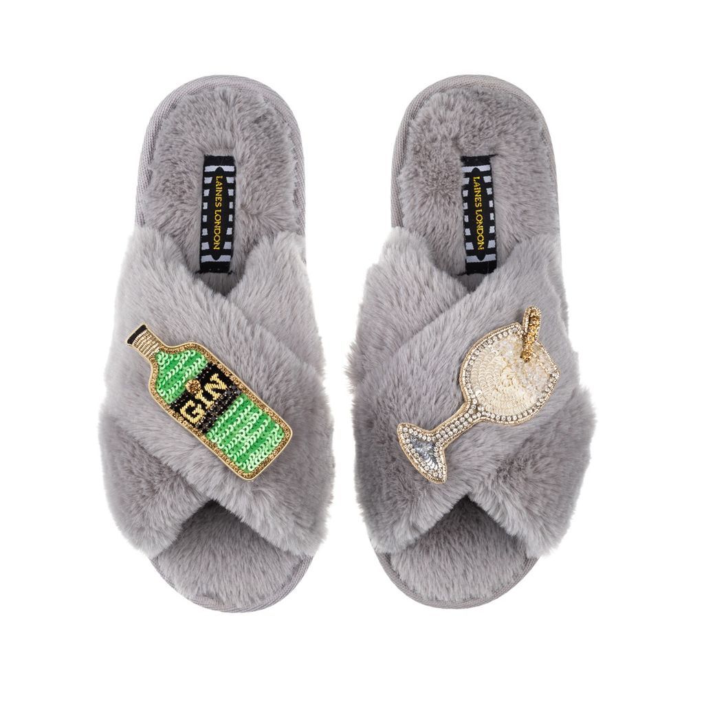 Women's Classic Laines Slippers With Original Gin Brooches - Grey Small LAINES LONDON