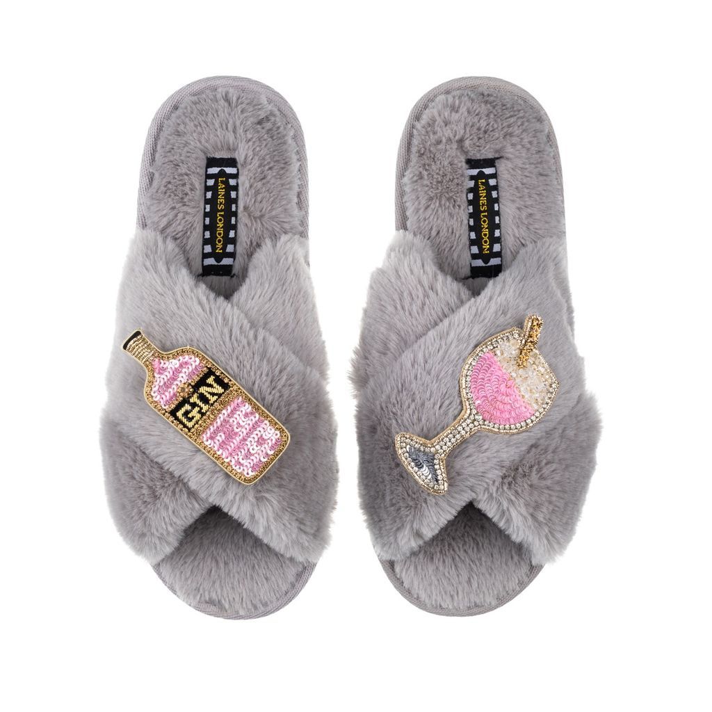 Women's Classic Laines Slippers With Pink Gin Brooches - Grey Small LAINES LONDON