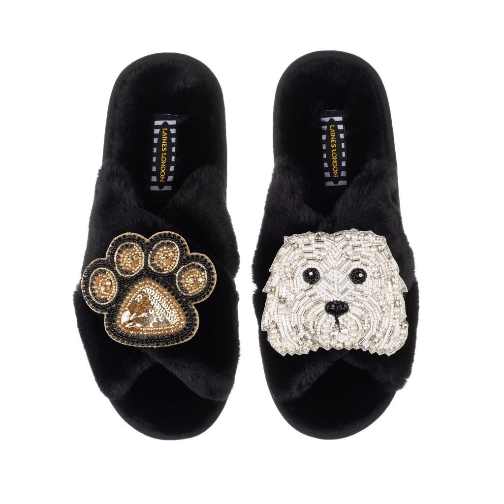 Women's Classic Laines Slippers With Queenie & Paw Brooches - Black Small LAINES LONDON
