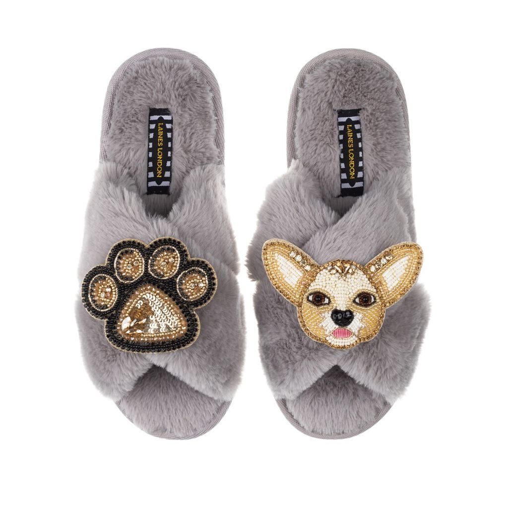 Women's Classic Laines Slippers With Princess Chihuahua & Paw Brooches - Grey Small LAINES LONDON