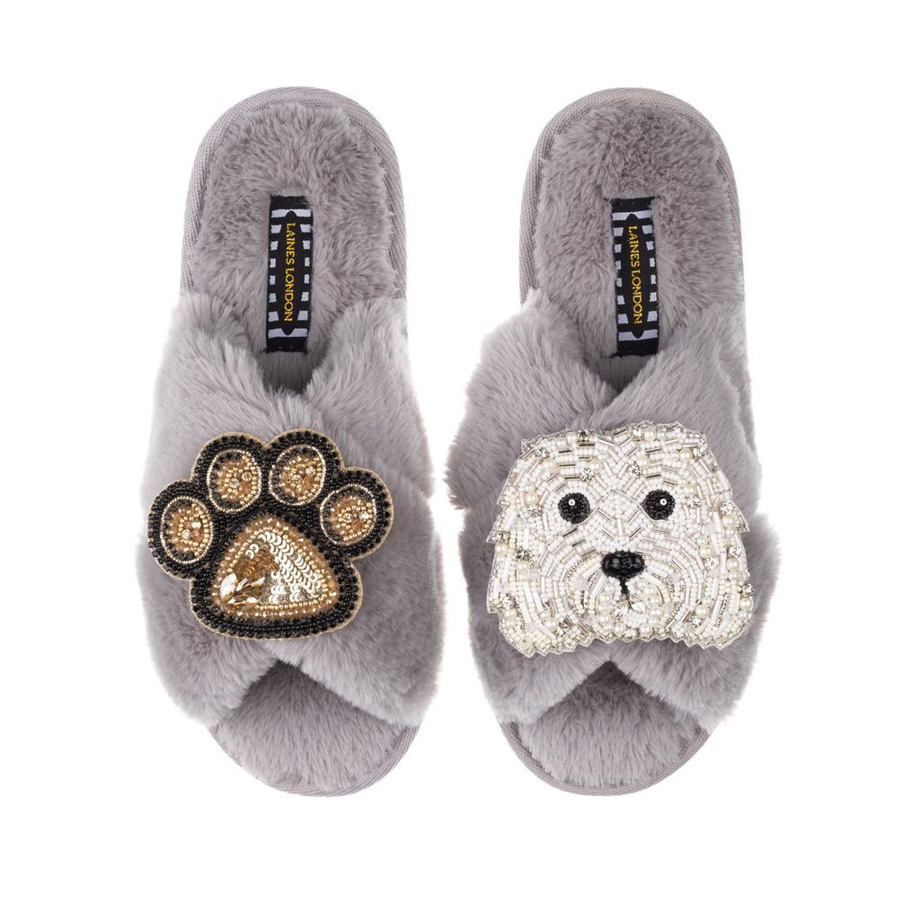 Women's Classic Laines Slippers With Queenie & Paw Brooches - Grey Small LAINES LONDON