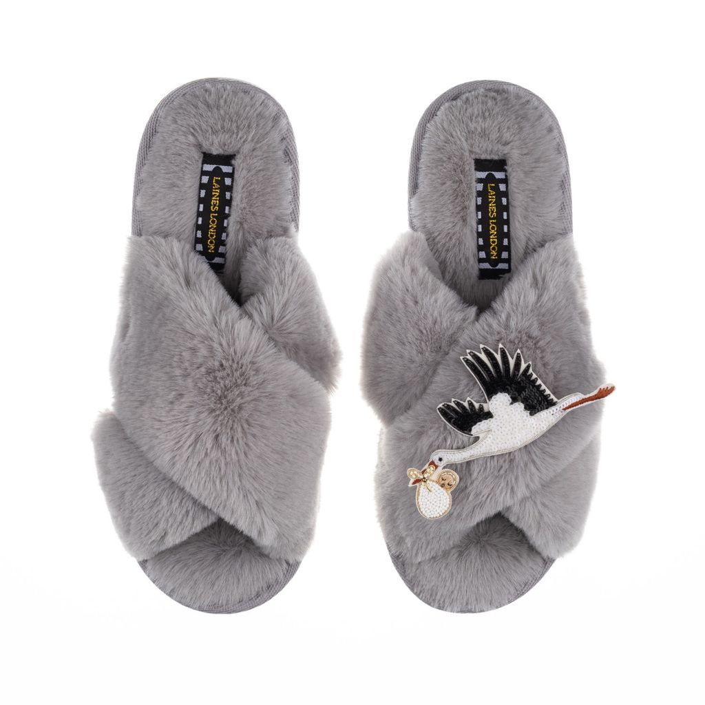 Women's Classic Laines Slippers With Premium Baby Stork Brooch - Grey Small LAINES LONDON