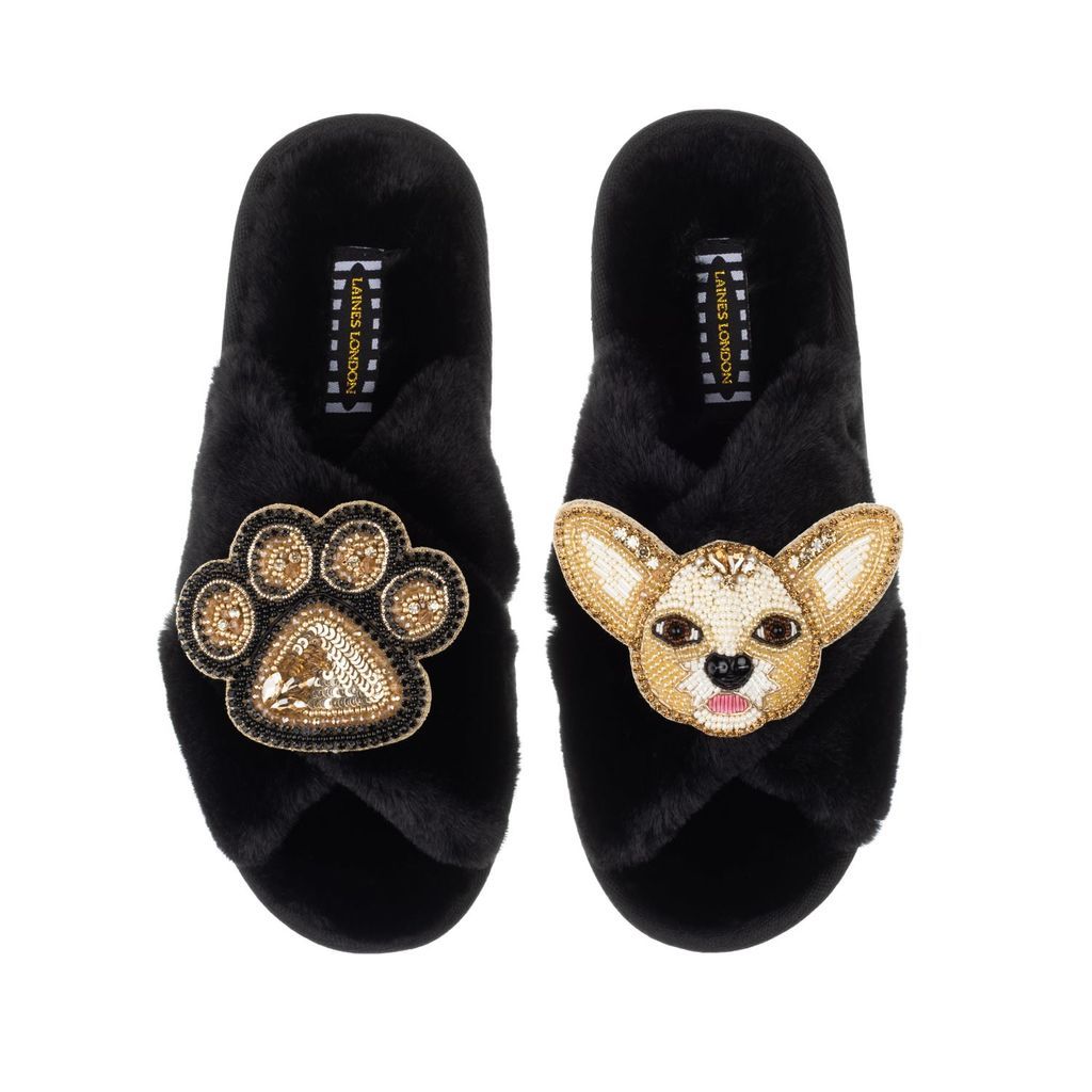 Women's Classic Laines Slippers With Princess Chihuahua & Paw Brooches - Black Small LAINES LONDON
