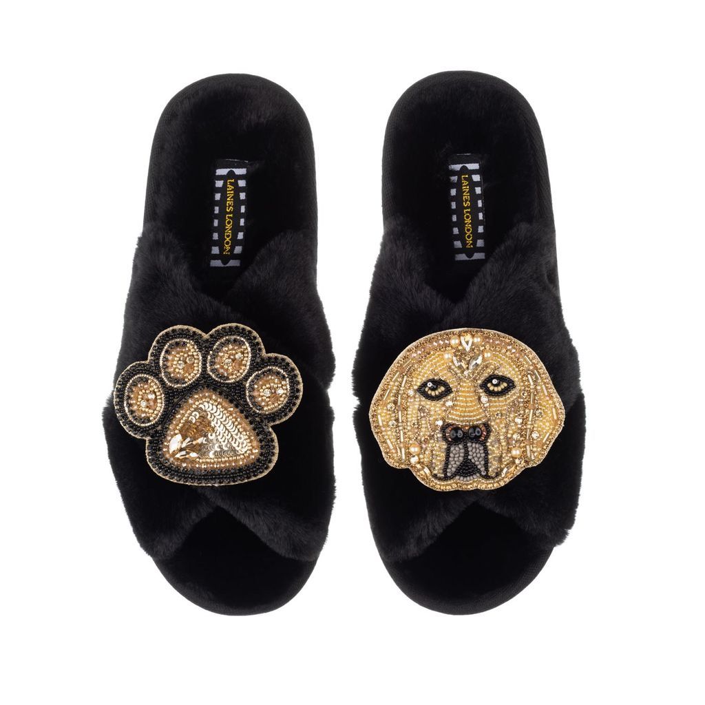 Women's Classic Laines Slippers With Skip & Paw Brooches - Black Small LAINES LONDON