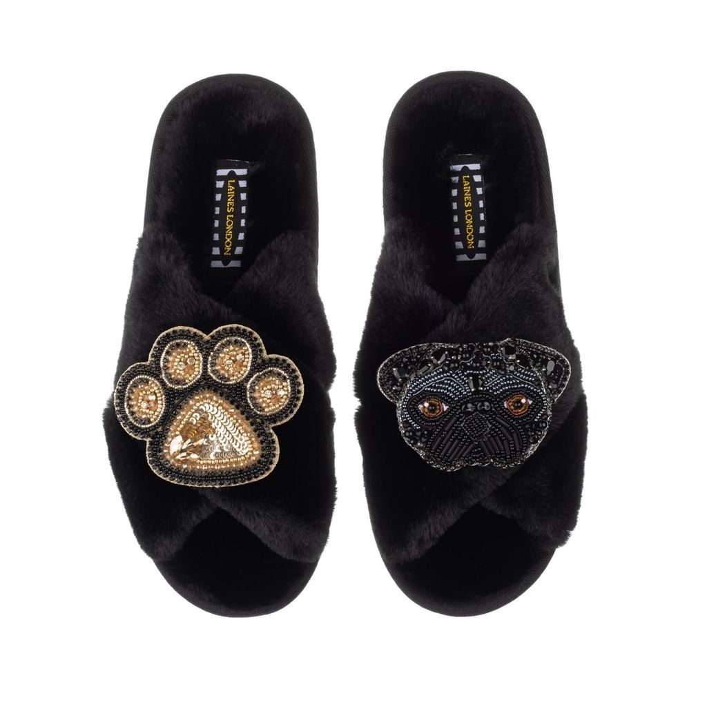 Women's Classic Laines Slippers With Snoopy Pug & Paw Brooches - Black Small LAINES LONDON