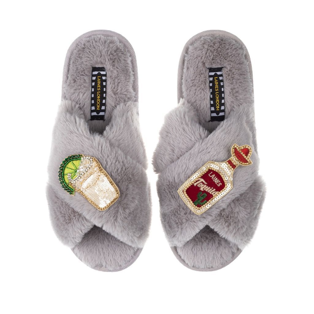 Women's Classic Laines Slippers With Tequila Slammer Brooches - Grey Small LAINES LONDON