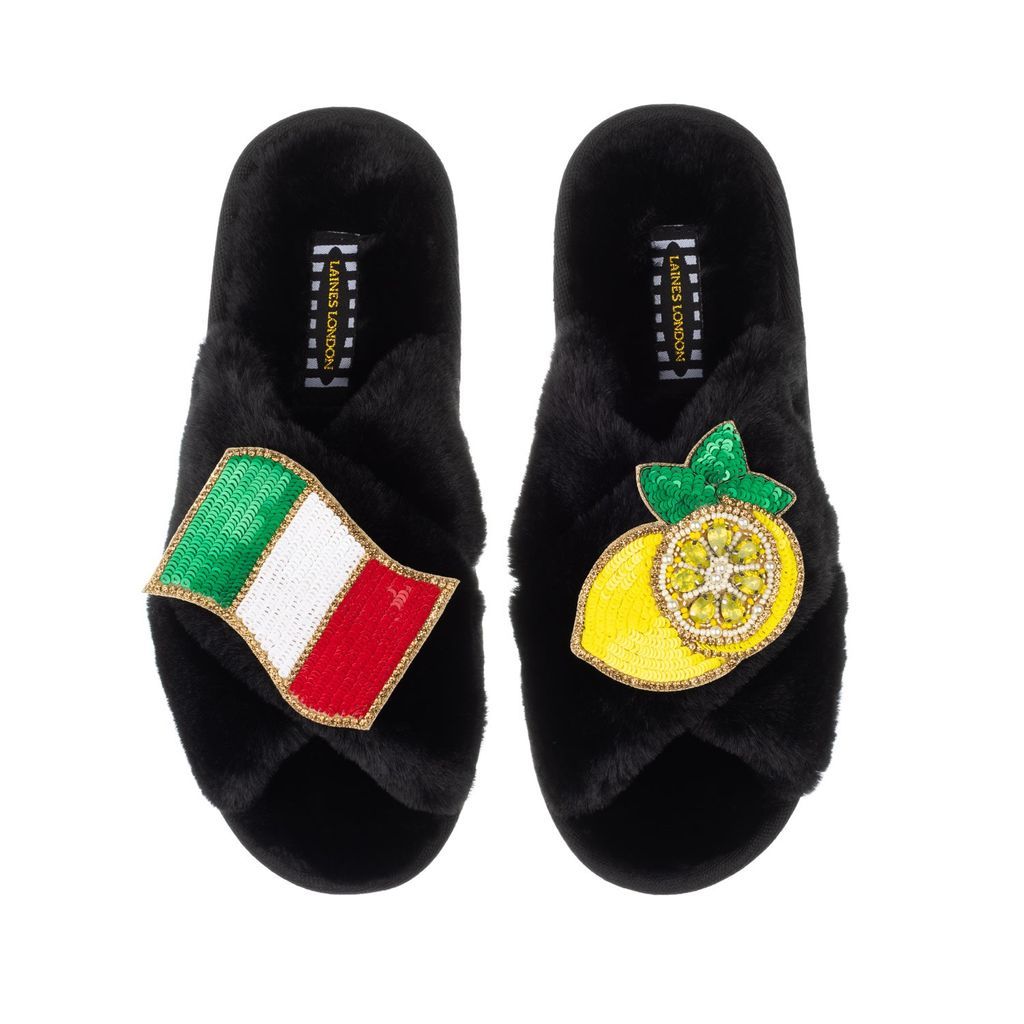 Women's Classic Laines Slippers With The Amalfi Brooches - Black Small LAINES LONDON
