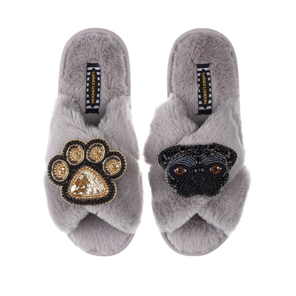 Women's Classic Laines Slippers With Snoopy Pug & Paw Brooches - Grey Small LAINES LONDON