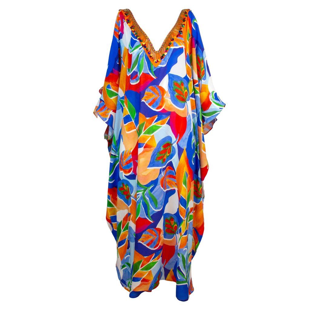 Women's Colorful Leaf Print Open Shoulder Viscose Kaftan One Size Lalipop Design