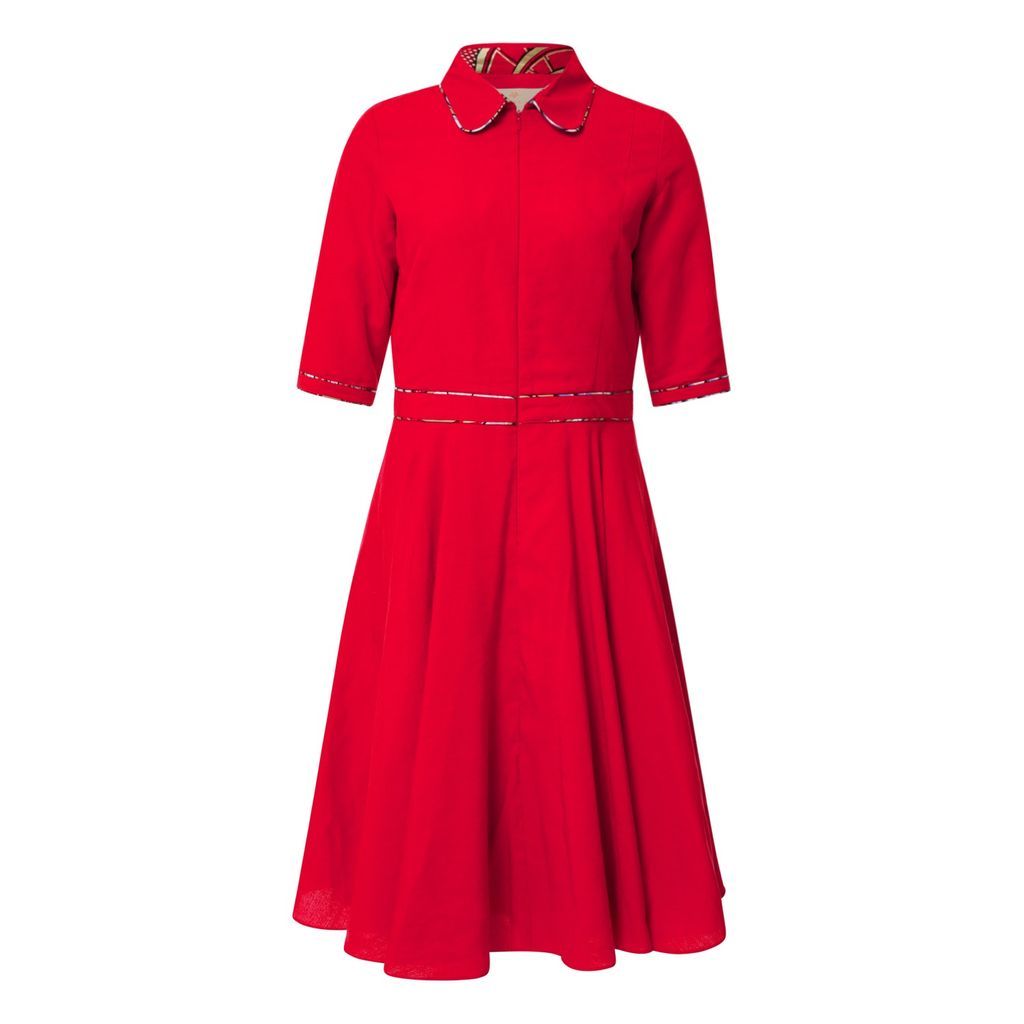 Women's Effie Linen African Wax Print Midi Dress - Red Xxs Winifred Mills